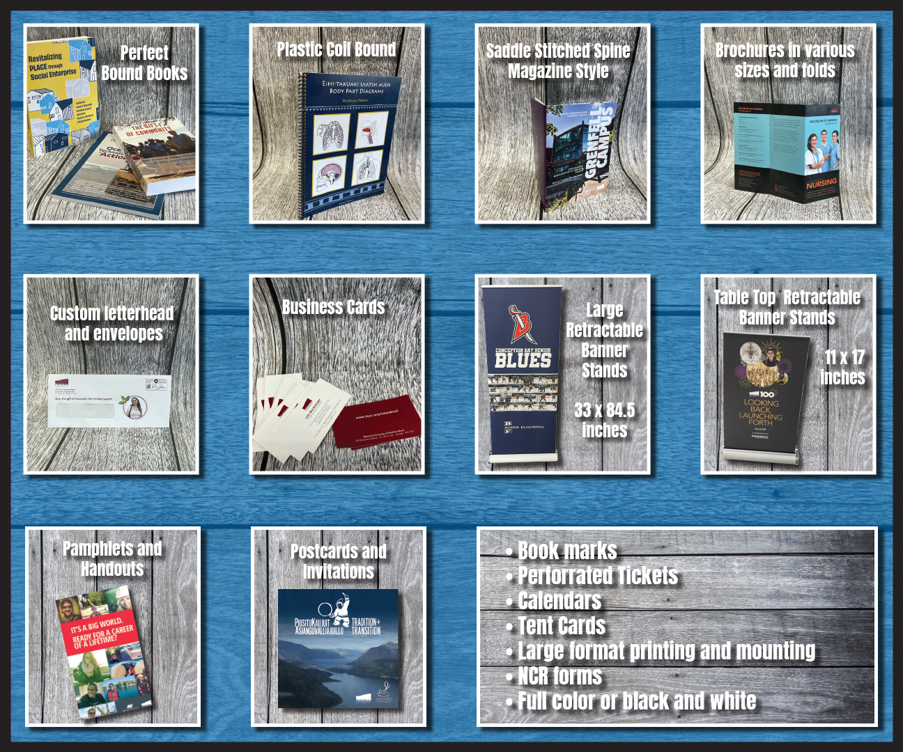A number of samples of products Print and Mail Services can produce